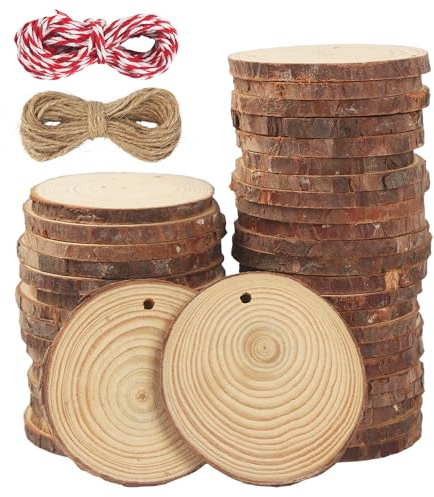 40 Stück Holzscheiben 7-8cm,Rund Holzscheiben zum Basteln mit zwei Baumwollschnüren,Holzscheibe mit Löchern,Baumscheiben Unvollendete,Stark langlebig,für Basteln,Hochzeiten,Feiertagsdekorationen