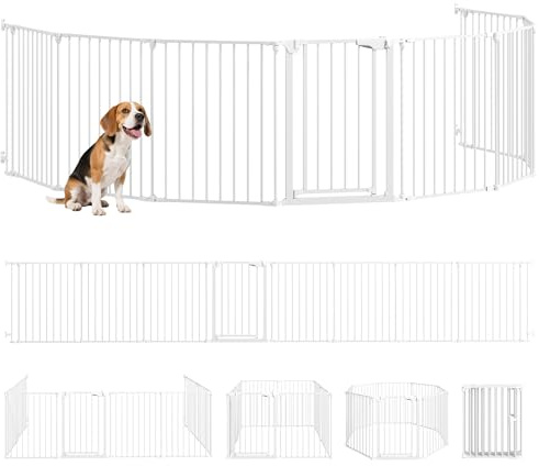 PawHut Welpenauslauf, 8-teilig Welpenlaufstall mit Tür, faltbar Laufstall Baby mit Doppelverriegelungssystem, 61x75cm Hundelaufstall für drinnen und draußen, für Kinder kleine mittelgroße Hunde Weiß