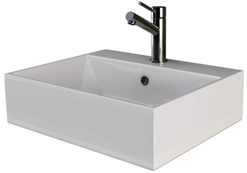 VILSTEIN® Keramik Waschbecken Eckig [51x43x14,5CM] - Hänge - & Aufsatzwaschbecken Eckig für Badezimmer & Gäste WC - Waschbecken Aufsatz - Handwaschbecken für Waschtisch - Bathroom Sink (Weiß)