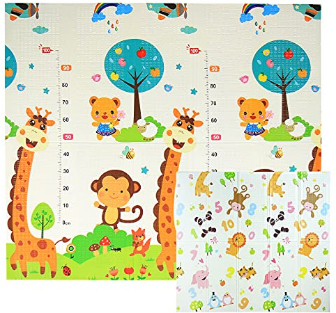 CCLIFE Krabbelmatte Spielmatte Baby Schadstofffrei 196x176x1cm Faltbar Spielunterlage Spielteppich Groß Rutschfest Beidseitig Tragbar Wasserdicht für Innen Außen Bunt