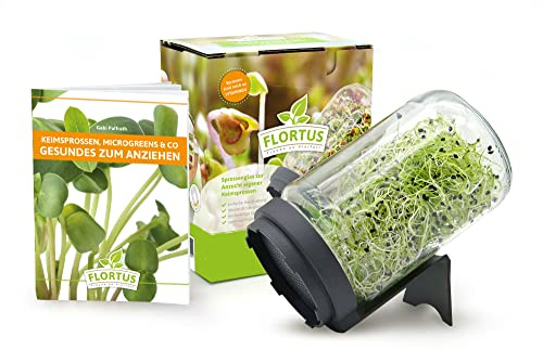 FLORTUS Sprossenglas mit Siebdeckel, integriertem Ständer und einem Booklet I Keimglas für Sprossen I Keimgerät ideal für Keimsprossen, Keimlinge, Microgreens