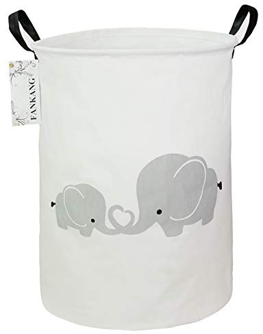 FANKANG Runder Waschkorb Kinderzimmer Schlafzimmer Lagerboxen | Leinwand klappbar wasserdichter Großer Aufbewahrungskorb für Kinder Junge Mädchen Spielzeug Zimmer (Gray Love Elephant)