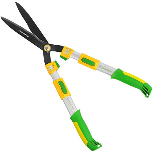 GRÜNTEK Heckenschere Teleskop Q-32 680-825 mm – Professionelle Gartenschere Groß Lang, Heckenschere Manuell mit gehärteter Klinge 240 mm, 4-fach verstellbare Alu-Griffe, Anti-Haft, Wellenschliff