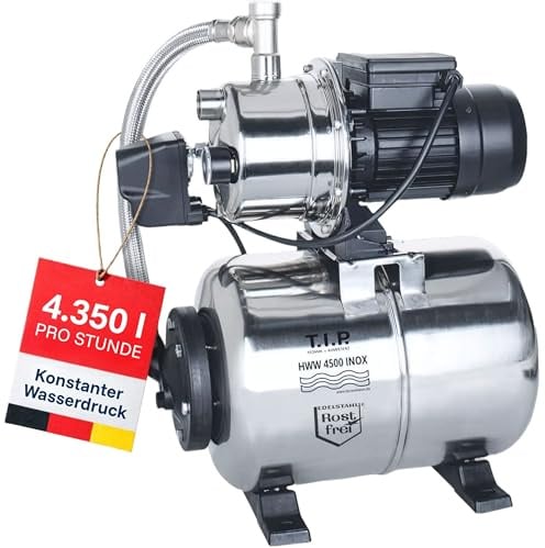 T.I.P. Hauswasserwerk HWW 4500 INOX aus Edelstahl mit 1200 W Leistung I 4350 l/h Fördermenge bis 50 m Höhe I 5 bar Druck mit Manometer I 22 L Kessel I robust, korrosionsfrei, sicher mit Überlastschutz