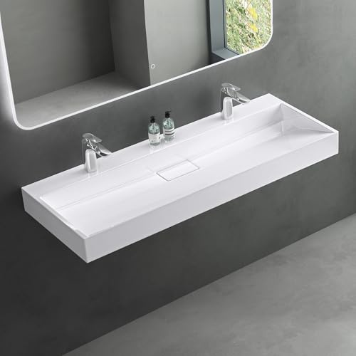Mai & Mai Waschbecken Weiß Aufsatzwaschbecken Hängewaschtisch inkl. Ablaufgarnitur Mineralguss Rechteckig Waschplatz 2-Armaturenloch Breite: 120cm