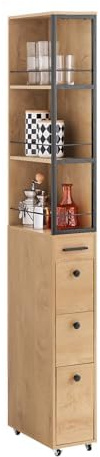 SoBuy Nischenschrank 20 cm schmal mit 4 Rollen, 40×20×170 cm, kleine Küchen | Apothekerschrank Küche mit 3 Schubladen, Nischenregal mit 3 Ablagen und Anti-Fall-Stangen, für Bad, aus PB+MDF, NSR13-N