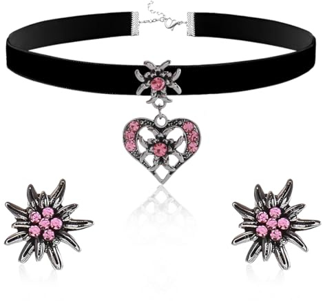ZORVUJI Trachtenschmuck Damen Set Edelweiß Kropfband Samt Halskette Ohrringe Dirndl Schmuck Oktoberfest Accessoires Bayerisch (Rosa)
