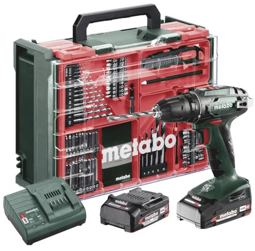 metabo Akku-Bohrschrauber BS 18 Set - 18 V, 74-tlg. Mobile Werkstatt - Schnellspannbohrfutter, Gürtelhaken, LED-Arbeitslicht - Inkl. 2 x Akku LiPOWER (2.0 Ah), Ladegerät und Kunststoffkoffer