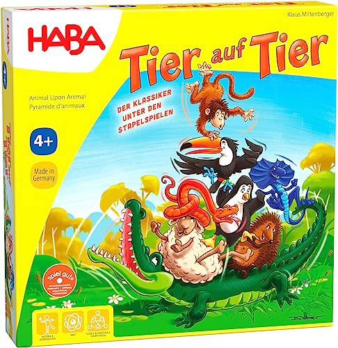 HABA Tier auf Tier Stapel- und Würfelspiel aus Holz mit 29 Tieren, Wackelspiel für Kinder ab 4 Jahren, Fördert Feinmotorik & Konzentration 2011189001