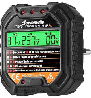 DEWENWILS Steckdosentester mit RCD-Prüfung und LCD-Voltage-Display, 6 Arten von Fehlerdiagnose, Leckspannungs- und Stromanzeige, FI Test, 48-250V/45-65Hz, CAT ll 300V