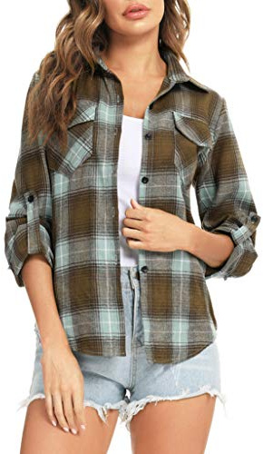 Enjoyoself Damen Karierte Bluse Langarm Karo Flanell Hemden Baumwolle Button-down Holzfäller Hemdbluse für Alltag und Oktoberfest