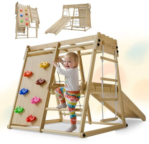 Juskys® Klettergerüst Indoor Spielplatz für Kinder ab 1 Jahr (Mini) – Kletterturm aus Holz mit Rutsche, Kletterwand, Kletternetz & Turnringen – klappbarer Spielturm Natur