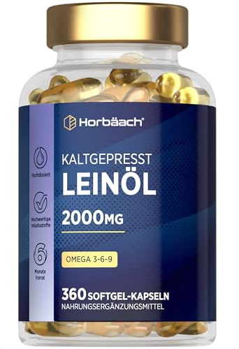 Leinöl Kapseln 2000mg | Omega 3 6 9 | 1000mg pro Kapseln | 6 Monate Vorrat - 360 Hochdosiert Weichkapseln | Kaltgepresstes Softgels | Linseed Oil Capsules | by Horbaach