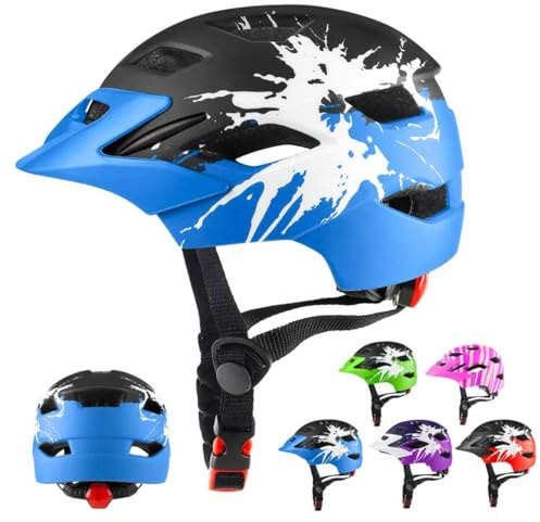 RaMokey Fahrradhelm Kinder, Fahrradhelm mit Licht für Kinder Leichter Kinderhelm mit Verstellbares Zifferblatt für Mädchen und Jungs 50-56CM (ab 5-14Jahre) (Black Blue)