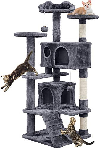 Yaheetech Kratzbaum Groß, 139 cm hoch, Mehrstöckiger Katzenbaum Kletterturm mit 3 Kratzsäulen, 3 Plattformen, 2 Gemütlichen Höhlen, 2 Plüschbällen, Stabiler Aktivitätsbereich für Katzen, Dunkelgrau
