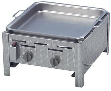 BSR-Grillen Profi Gasgrill 2-flammig mit Stahl-Pfanne I Gasbräter I Gastrobräter I Grillpfanne hoher Rand I Piezo-Zünder I 2 Gasregler stufenlos regelbar I Edelstahl I Gasschlauch & Druckminderer