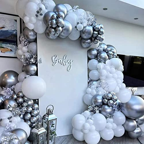 SANERYI Weiß Luftballons Girlande Kit 144stk Weiße und Metallic Silber Konfetti Ballons Geburtstag Set für Hochzeit Baby Duschen Ballongas Helium