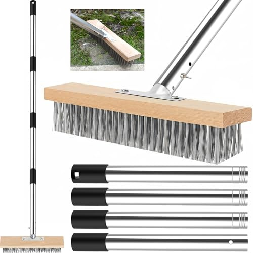 Drahtbesen zur Moosentfernung mit Stiel, Robust und Langlebig Stahldrahtbesen mit Teleskopstiel 120 cm, 30 cm Drahtbesen für Pflastersteine, Moosentfernung, Algen, Hof, Wand, Garten und Terrasse