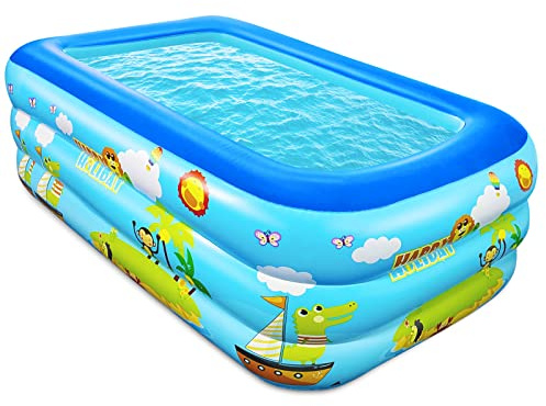 Jiosdo Planschbecken Kinder, 150cm Rechteck Aufblasbares Kinderpool, 3 Ring | Kinderplanschbecken, Babypool, Familie Pool mit Aufblasbarem Weichem Boden für Sommer, Wasserspaß (Blau)