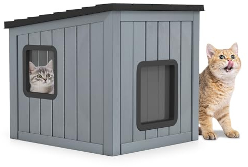 GOPLUS Katzenhaus Outdoor Winterfest, wetterfeste Katzenhütte aus PP mit 2 Türen und geneigtem Dach, Plastik Haustierhaus für Haustiere, Katzenhöhle, Welpenunterkunft für drinnen & draußen