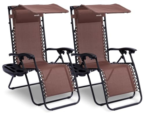 SereneLife Sonnenliege Klappbar 2er Set, Gartenliege Wetterfest zum Liegen & Relaxen, Deckchair mit mit Sonnendach, Beistelltisch & Getränkehalter, Campingstuhl Verstellbar mit Stahlrahmen bis 120 KG