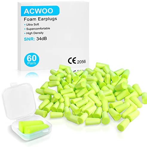 ACWOO Ohrstöpsel, 60 Paar Ohrstöpsel, Geräuschunterdrückung, SNR 34 dB, Reiselstöpsel aus weichem Schaumstoff, wiederverwendbar, Gehörschutz, für Reisen, Fitness (Neongelb)