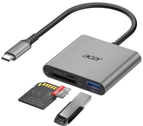 acer USB C SD Kartenleser mit Typ-A 3.0, USB-C Card Reader Aluminium Kartenlesegerät Typ C Micro SD Speicherkartenleser Adapter für iPhone 17 16 15 Serie,Galaxy S24,iPad MacBook Pro,Surface Pro usw.