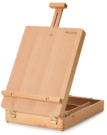 MEEDEN Tisch-Malkastenstaffelei aus Massivem Buchenholz: Verstellbare Tischstaffel mit Aufbewahrungsbox für Künstlerbedarf - Skizzenbox Staffelei geeignet für Erwachsene und Künstler