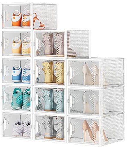 SIMPDIY Schuhboxen Stapelbar Transparent, 12er Pack Schuhkarton mit Deckel, Schuhaufbewahrung für Stöckelschuhe, Stiefeletten, Pumps, High Tops, bis Größe 46