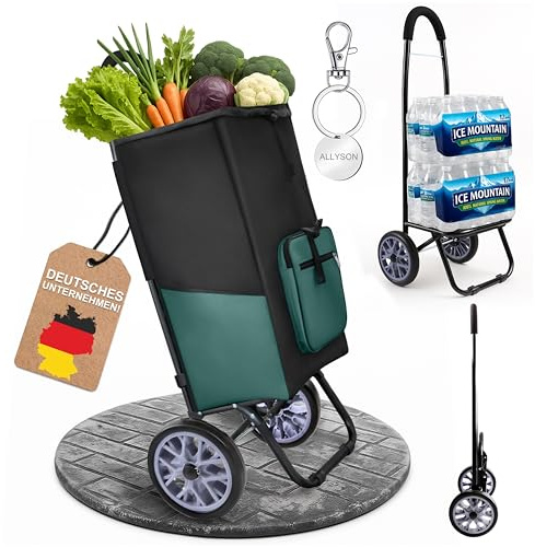 Allyson® Einkaufstrolley klappbar, Einkaufswagen mit 45L Kapazität und Abnehmbarer Tasche, Shopping Trolley Treppensteiger Robust & Wetterfest, Hackenporsche Trolley mit Geräuschlosen Rädern – Grün