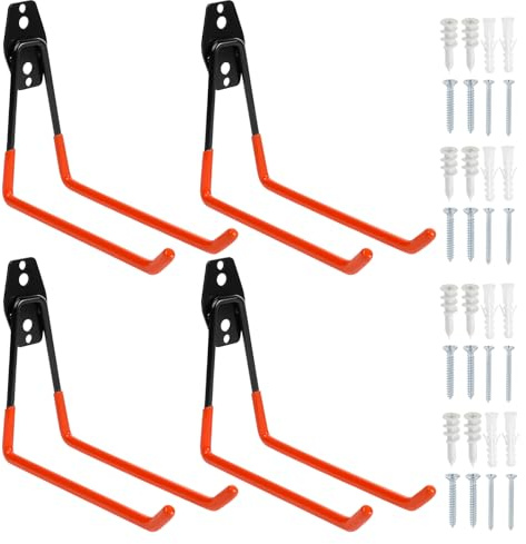 Faankiton 4 Stück Wandhaken Garage, Schwerlast Haken Set, Doppelhaken Garage, Storage Hooks zur Organisation für Leiter, Schlauch, Fahrrädern, Elektrowerkzeugen Sperrigen (Groß, Orange)