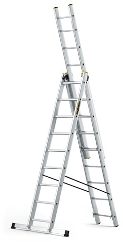 DRABEST Leiter PRO Serie Aluleiter 3-teilig Mehrzweckleiter 3x9 Stufen Leiter Multifunktionsleiter Kombileiter bis 150 kg Beslastbar - Arbeitshöhe 5,83 m - inkl. Eimerhaken