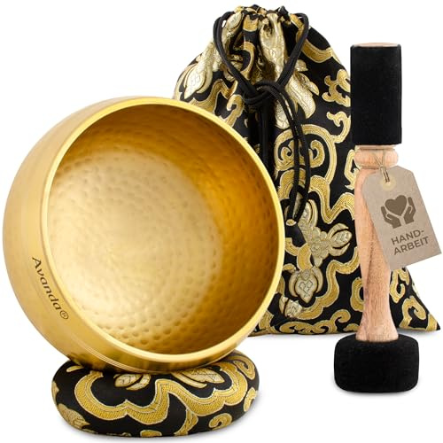 Tibetisches Klangschale-Set für Yoga, Meditation und Entspannung - gehämmerte Tibetische Klangschale Ø 13,5 cm, Doppel-Schlägel mit Filz und Leder, Ring-Kissen, Beutel und Anleitung