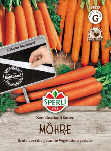 Sperli Möhrensamen Kombination 3 Sorten, Saatband 81825 - Karottensamen für lange Erntezeit, mittelfrühe, zuverlässige, zarte Sorte, hochwertige Gemüsesamen