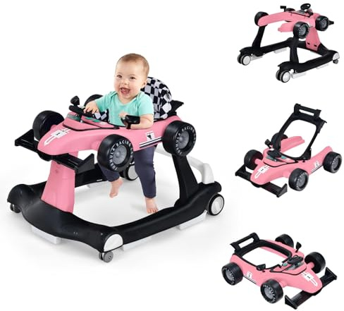 COSTWAY 4 in 1 Lauflernhilfe, Lauflernwagen klappbar mit einstellbarer Höhe & Geschwindigkeit, Baby Walker Autoförmig mit Musikbox, Licht & Rädern, Gehfrei Baby ab 6 Monaten, 12kg Belastbar (Pink)