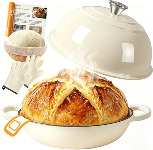 Gusseisen Topf Brot Backen,5,7L Bräter Emaille Schmortopf mit Deckel und Griffen,26 cm Dutch Oven,Brotbacktopf mit Gärkorb,Schmortopf Gusseisen Topf für Küche Backen Schmoren & Braten (Weiß)