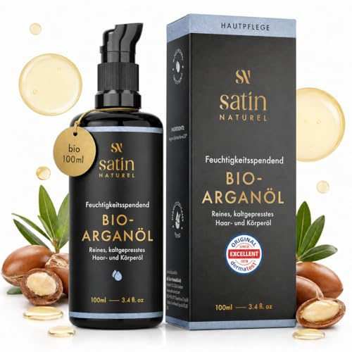 Satin Naturel Kaltgepresstes Bio-Arganöl 100 ml | 100% Rein, Natürliche Pflege für Haare, Haut, Nägel & Bart, Ideal für trockenes Haar & trockene Kopfhaut
