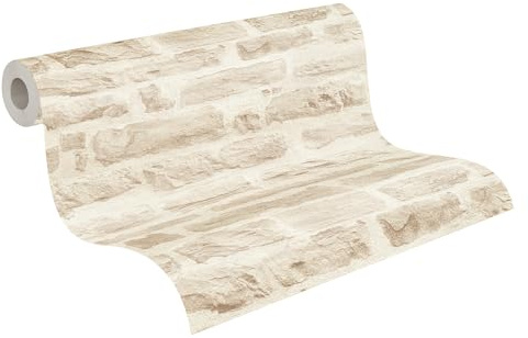 A.S. Création Best of Wood`n Stone Vliestapete mit Steinmotiv 0,53 x 10,05 m – Beige, Creme – Steintapete Made in Germany – 355803