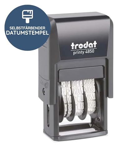 Trodat – Printy 4850 Datumsstempel mit Wunschtext personalisieren – selbstfärbender Stempel zur korrekten Beschriftung von Dokumenten, Belegen, Rechnungen & Co (25 x 5 mm | 1 Zeile)
