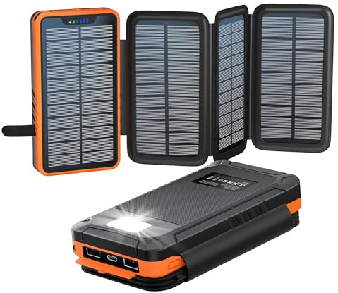 Solar Powerbank 26800mAh, elzle Solar Ladegerät mit 2 USB-A Ausgang & 1 USB-C Eingang, Outdoor Wasserfester Externer Akku mit 4 Solarpanels und Taschenlampe für Smartphones Tablets Camping