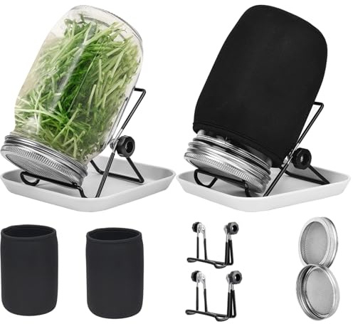 Hisredsun 1000 ml keimgläser-Set, 2 Einmachgläser mit breiter Öffnung und 304 Edelstahl-Siebkeimdeckel, 86 mm Kaliber, mit Tablett, Ständer, Schattiertuchbeutel und Dosenbürste