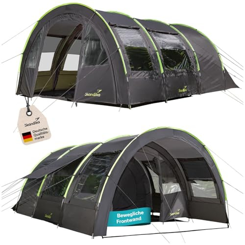 Skandika Tunnelzelt Kemi für 4 Personen | Camping Zelt, 2 Schlafkabinen, 2 m Stehhöhe, wasserfest, 3000 mm Wassersäule, Frontwand versetzbar, Vorzelt | Familienzelt (anthrazit/grün)
