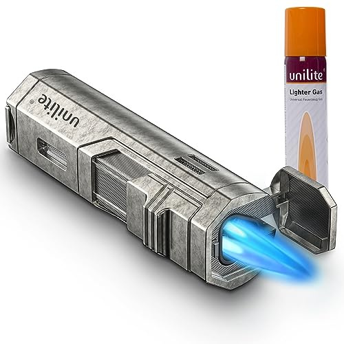 UNILITE Sturmfeuerzeug mit Gas – Jetflame Brenner Set, Silber | Elektronisches Gasfeuerzeug befüllt & nachfüllbar inkl. 100 ml Butangas – Jetflamme für Grill, Küche & Outdoor