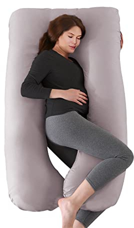 BANNIO Schwangerschaftskissen aus 100% Baumwolle,U-förmiges Seitenschläferkissen,Stillkissen XXL,Lagerungskissen,Body Pillow Pregnancy Pillow mit Abnehmbarem und Waschbarem Bezug, 145x70cm(Hellgrau)