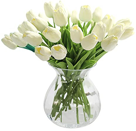 JUSTOYOU 20 STK PU Real Touch Latex Künstliche Tulpen Gefälschte Tulpen Blumen Blumensträuße Blumen Arrangement für Home Room Hochzeitsstrauß Party Herzstück Dekor Weiß