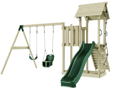 Rebo Spielturm mit Wellenrutsche und 2X Kinder-Schaukel, Outdoor Klettergerüst Garten mit Plattform,Smaragdgrün