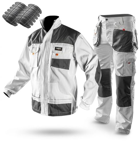 NEO TOOLS Profi Arbeitshose/Profi Set (Hose, Jacke, Knieschutzpolster) weiß | Sicherheitshose Arbeitskleidung Berufsbekleidung Bundhose Malerhose Hose S-XXL
