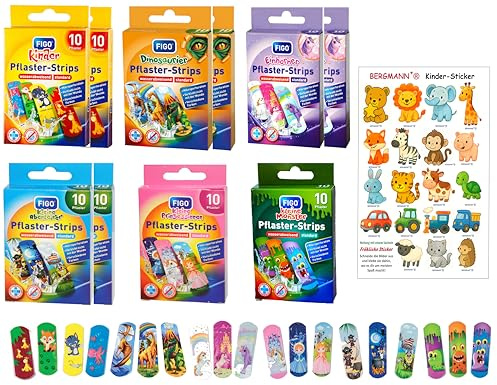 100x Kinderpflaster mit 19 Motiven +【gratis】BERGMANN⁺® Aufkleber, Klinisch getestet, Wasserabweisend, Pflaster Set für Mädchen und Jungs, Strips, bunte Pflaster, Sticker, Kindergeburtstagsgeschenk