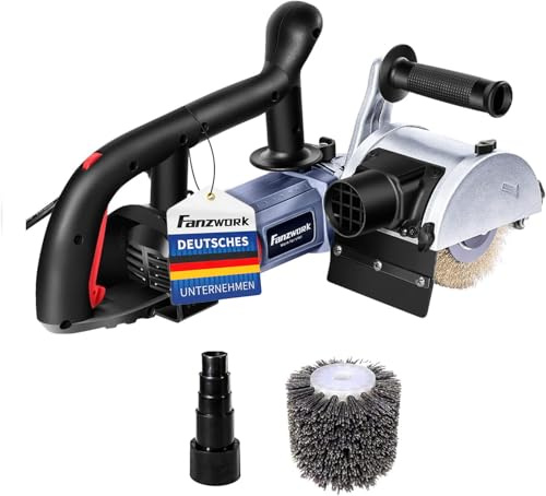 FANZWORK V2 1500 Watt Satiniermaschine Schleifmaschine Bürstenschleifgerät zur Renovierung von Oberflächen, mit Staubsaugung-Anschluss, Drehzahlregelung, Kugelgriff, Stahldraht & Nylon Bürste
