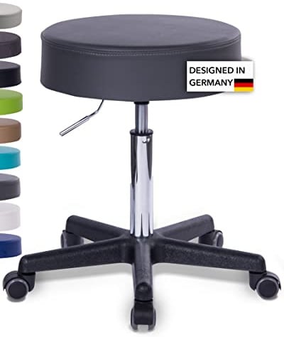 1stuff Profi Rollhocker Squash 40, Höhe 51-71cm, 40cm breit (D-Grau) | 1stuff-Qualität designed in Germany, Sitzhocker höhenverstellbar, Drehhocker 360°, Praxishocker, Arzthocker, PU-Rollen